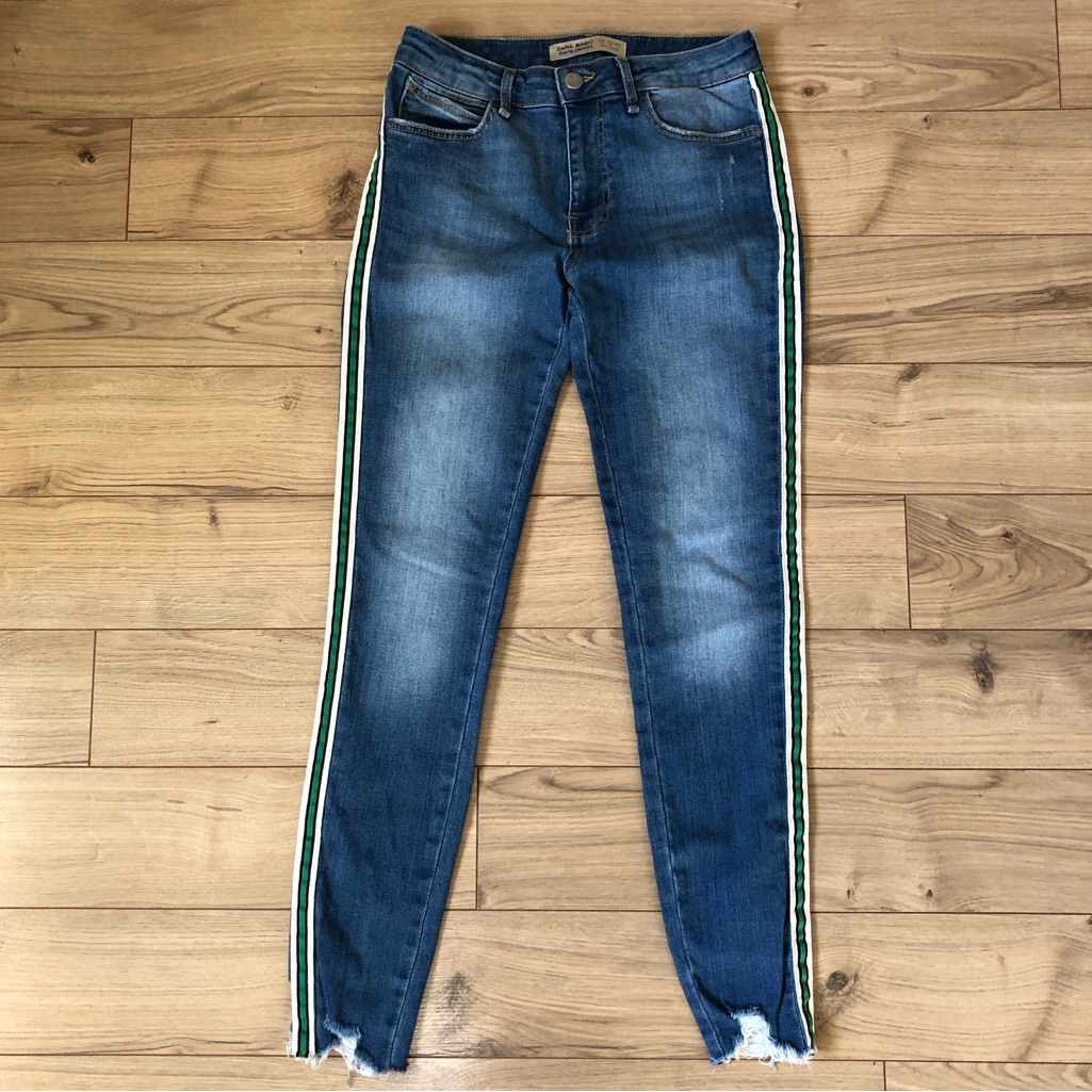 Women’s Zara Z1975 Basic Denim Blue Skinny Jeans Green White Stripe Size 4
